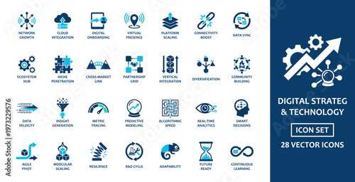 Digital strategy and technology solid icon set. Features cloud integration with network growth and predictive modeling concepts. Blue glyph vector icons for corporate IT projects.