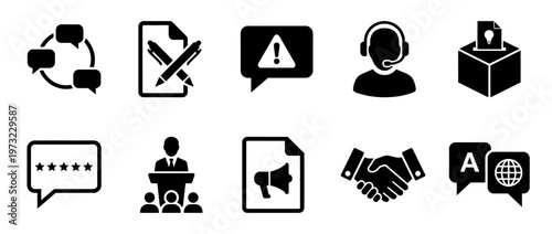 Business Communication and Collaboration solid icon set containing icons for Recycling, Document Editing, Warning, Customer Support, Secure Payment, Rating, Presentation, Announcement, Partnership