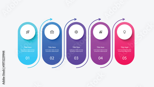 Five stylized keychain tags numbered and themed with icons and vibrant colors