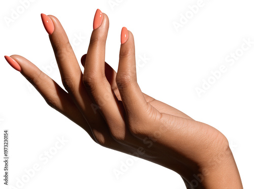 Isolated manicured hand showing long pointed nails with glossy vibrant peach-colored nail polish