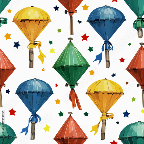 Colorful Hot Air Balloons and Stars Seamless Pattern.
