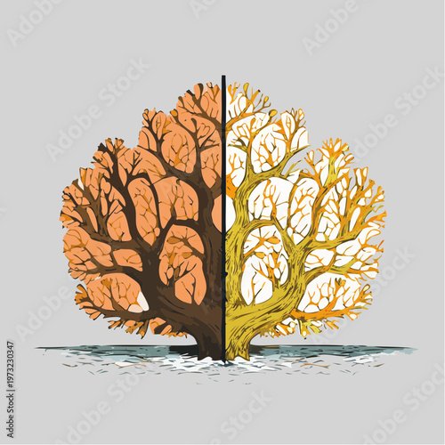 Stylized tree with two distinct halves representing different seasons.
