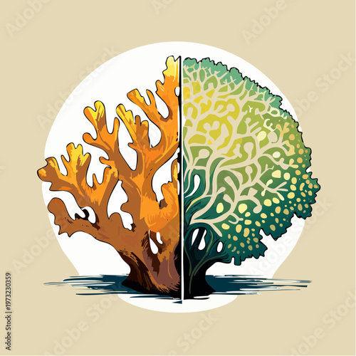 Coral reef health and degradation split view illustration.