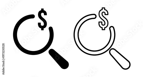 Magnifying glass with dollar sign icon set outline, symbolizing financial research and investment opportunities