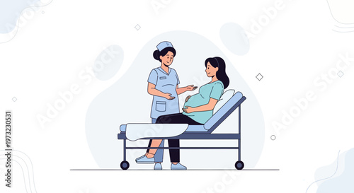 Pregnant Woman Consults Nurse on Medical Bed, Healthcare Illustration