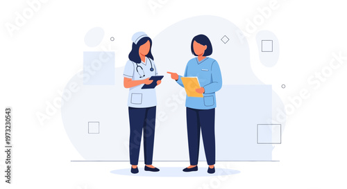 Two nurses discussing medical records on a tablet in a modern clinic