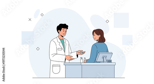Pharmacist consulting with patient at counter, dispensing medication, healthcare concept