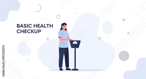 Basic Health Checkup: Woman Weighing Herself on Scale, Medical Concept