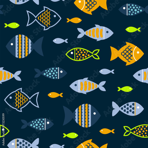 Marine fish seamless pattern. Sea animal background for wallpaper decoration, banners, wrapping paper, seafood restaurant. Vector illustration