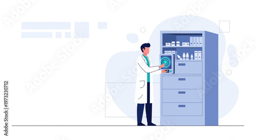 Doctor using futuristic interface in pharmacy storage cabinet with medications
