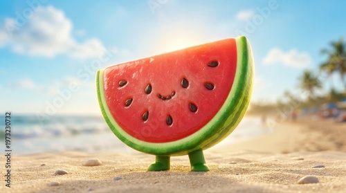 Cute smiling watermelon slice character standing on sunny beach with palm trees and ocean view