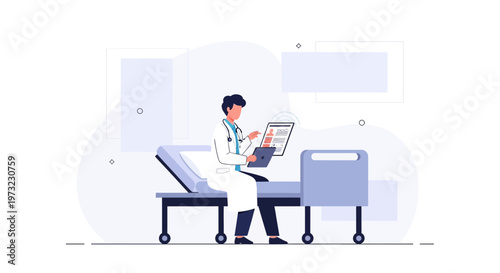 Doctor with Tablet Sitting on Hospital Bed, Medical Consultation Concept
