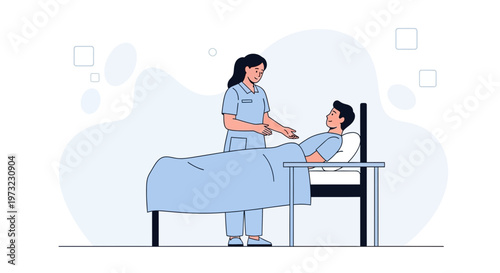 Nurse Caring for Patient in Hospital Bed, Healthcare Illustration