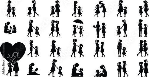 Large Collection of Mother and Daughter Silhouettes Showing Love Parenting Reading Walking and Bonding Moments for Happy Mothers Day Concept