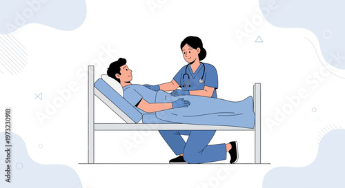 Nurse caring for patient in hospital bed, medical assistance and healthcare concept