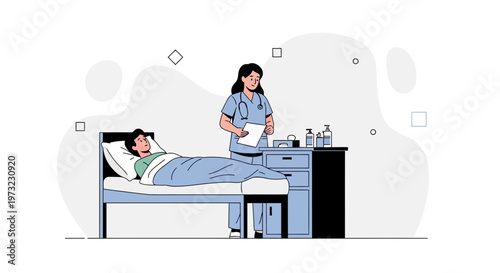 Nurse Caring for Patient in Hospital Bed, Medical Care Illustration