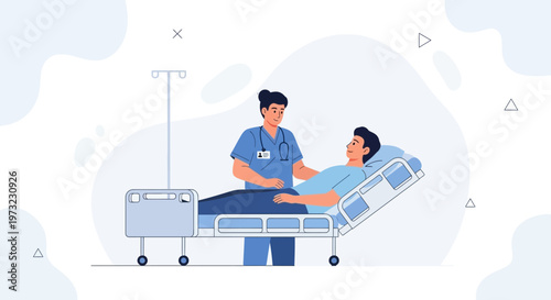 Nurse caring for patient in hospital bed, medical care illustration