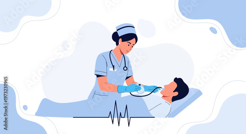 Nurse caring for patient with oxygen mask and vital signs monitor