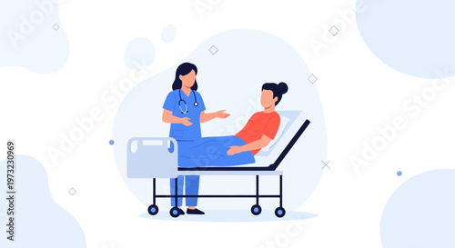 Nurse caring for patient in hospital bed, medical illustration