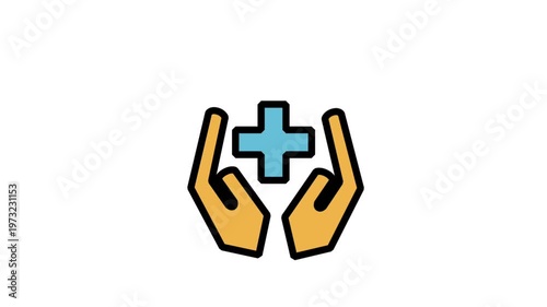 Animated hands protecting medical cross icon for healthcare insurance, safety, and patient protection service concepts.