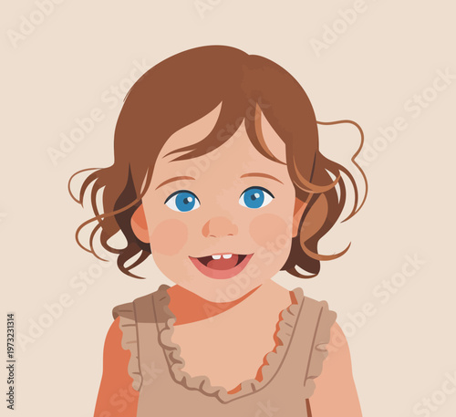 Vector illustration of a cheerful toddler girl with curly brown hair and blue eyes, wearing a light brown ruffled dress, smiling brightly with a happy expression, exuding innocence and joy.