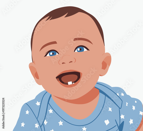 Vector illustration of a cheerful baby with blue eyes and a first tooth, wearing a blue onesie with star patterns. Depicts happiness and innocence of early childhood.