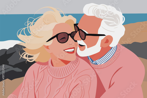 Elderly couple in pink sweaters enjoy affectionate beach moment, capturing retirement romance and lifelong companionship with ocean backdrop.
