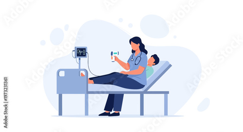 Nurse checks child's temperature with thermometer in hospital room, medical equipment