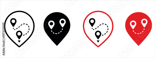 A set of map route icons featuring location pins and paths. Ideal for navigation and travel-related projects. These icons illustrate routes between multiple destinations.