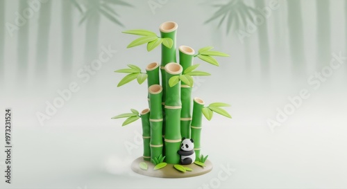 Handcrafted green bamboo plant sculpture with panda figurine on white background
