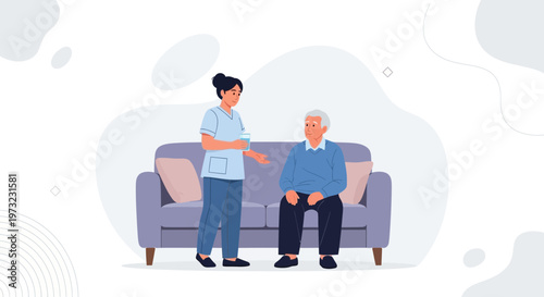 Nurse giving water to elderly man sitting on sofa, home care concept