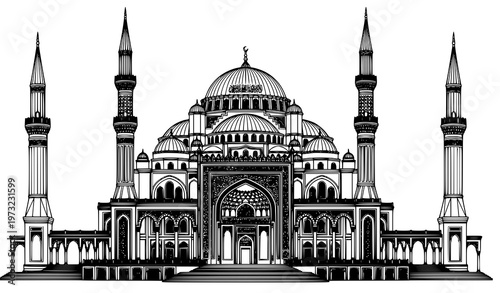 Detailed Islamic mosque architecture line art with domes and tall minarets black and white outline vector illustration