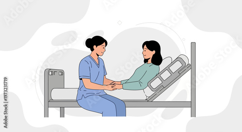 Nurse holding patient's hands in hospital bed, comforting care and empathy