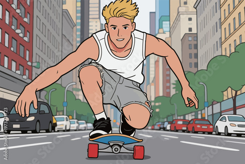 Blonde Boy Skateboarding in Urban Street