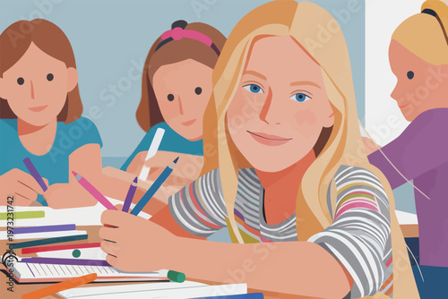 Young Girls Studying in Classroom Setting