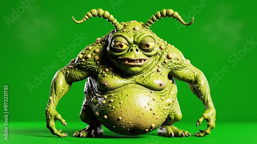 Green ugly cartoon monster character with bumpy skin