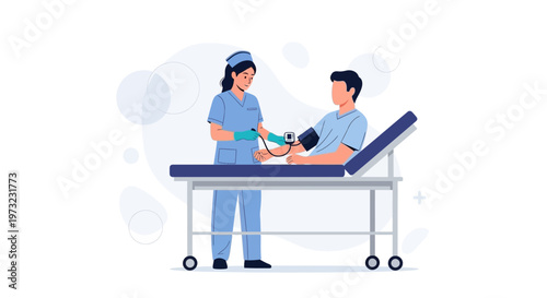 Nurse measures patient's blood pressure on examination bed in clinic