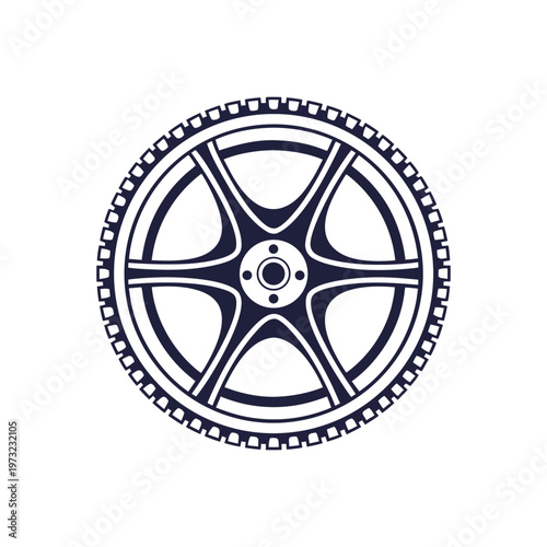 Stylized dark blue car wheel rim with a patterned tire tread isolated on transparent background
