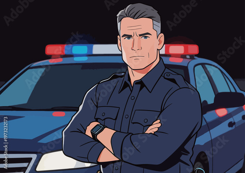 Police Officer with Crossed Arms in Front of Car