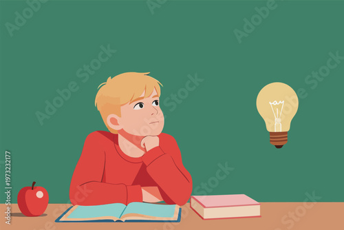 Boy Thinking with Light Bulb Above Desk