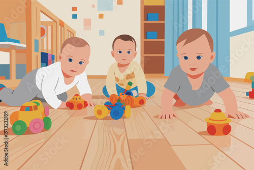 Three Babies Playing with Colorful Toys in Playroom