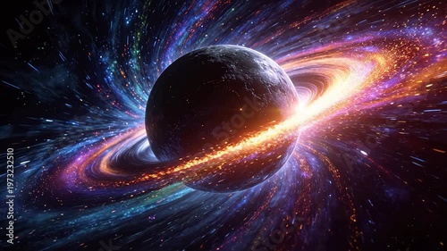 Colorful nebula swirling around black hole in deep space