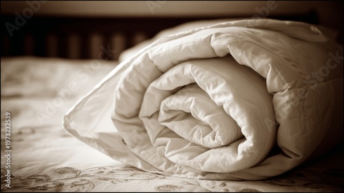 Rolled weighted blanket with evenly distributed filling rests on a patterned bed surface, showcasing cozy bedding and inviting comfort for relaxation.