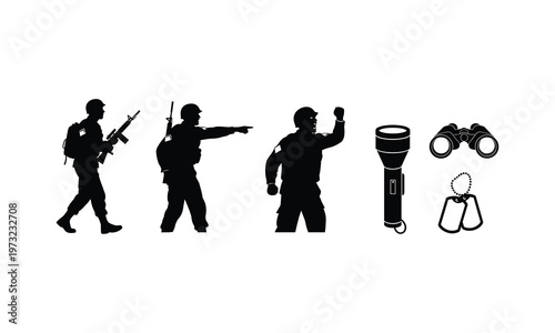 Army infantry soldier silhouettes with tactical equipment like binoculars and flashlight