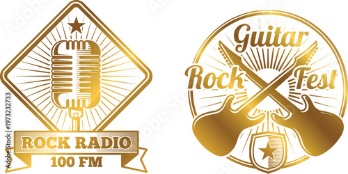 Rock radio and guitar rock fest logos combining music and broadcasting elements
