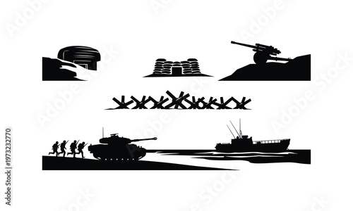 Military bunker, barricades, soldiers, tank, and ship silhouette vector illustration