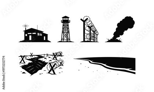Military base installations and trench fortifications with barbed wire fence silhouettes
