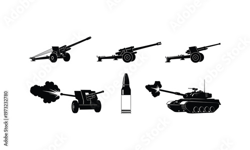 Heavy artillery and military vehicles silhouette vector illustration on white backdrop