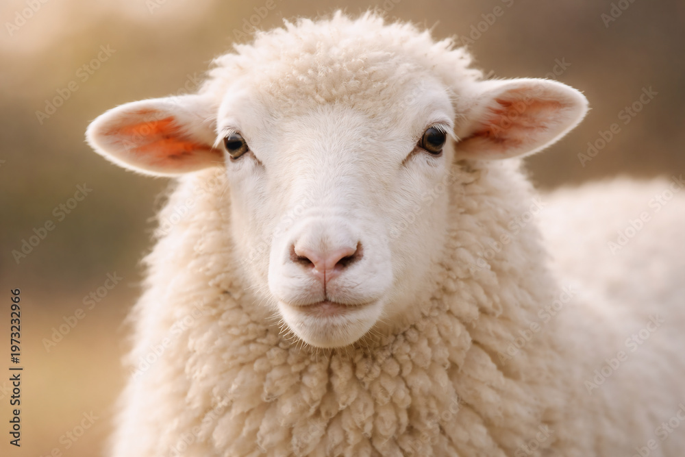 Obraz premium Close Up Portrait of a White Sheep with Soft Wool, Eid al-Adha Qurban Livestock Concept