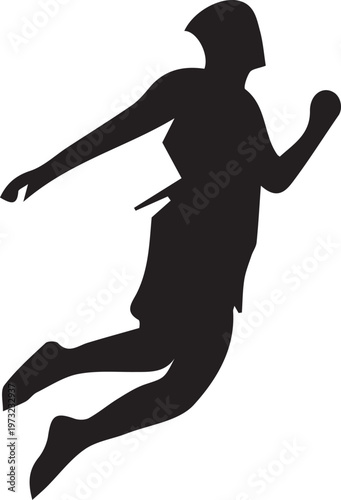 Dynamic basketball player jumping for slam dunk silhouette isolated on clear background.